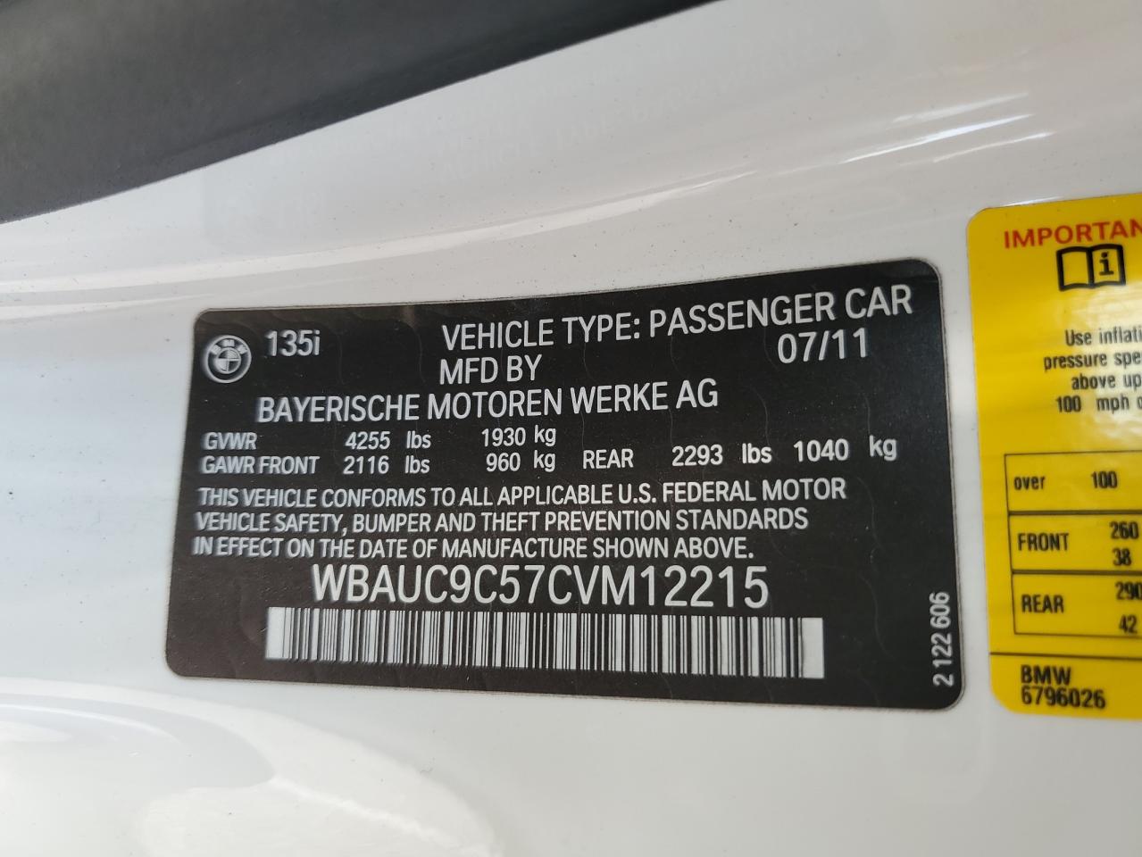 WBAUC9C57CVM12215 2012 BMW 135 I