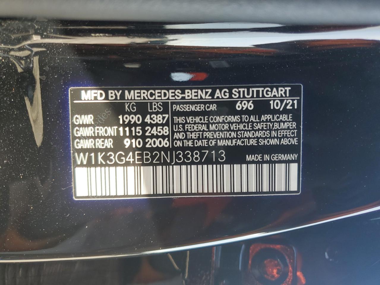 2022 Mercedes-Benz A 220 VIN: W1K3G4EB2NJ338713 Lot: 72068644