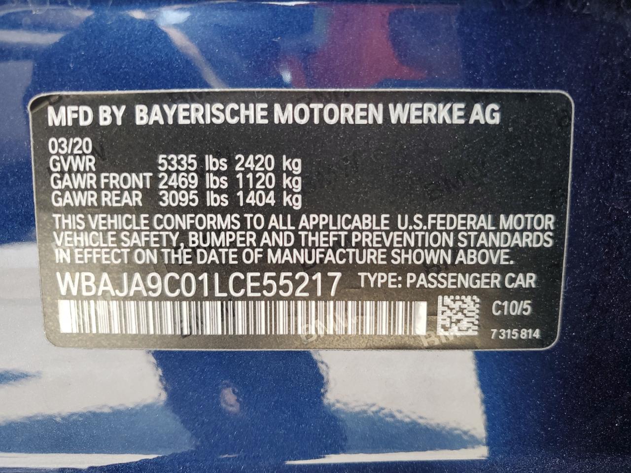 WBAJA9C01LCE55217 2020 BMW 530E