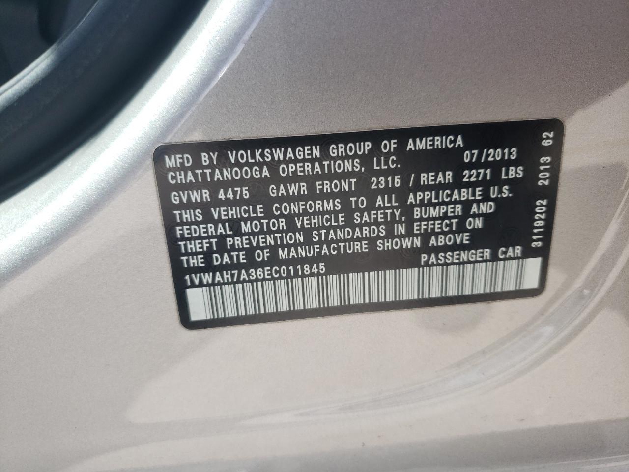 1VWAH7A36EC011845 2014 Volkswagen Passat S