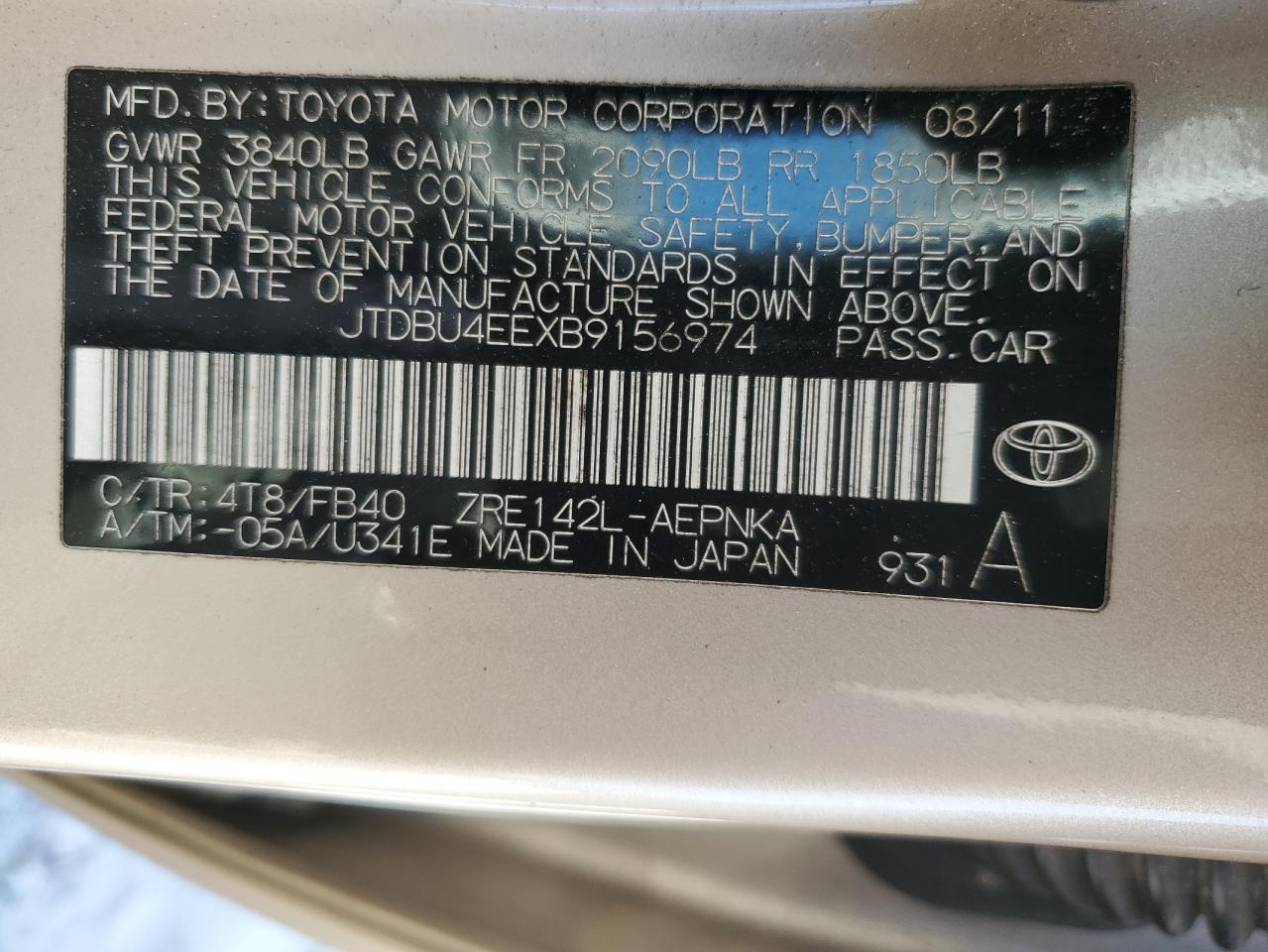 JTDBU4EEXB9156974 2011 Toyota Corolla Base