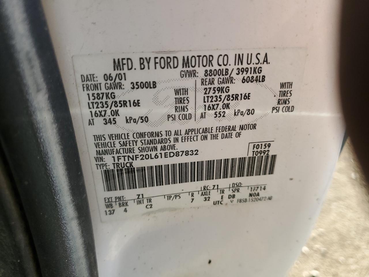 2001 Ford F250 Super Duty VIN: 1FTNF20L61ED87832 Lot: 69948454