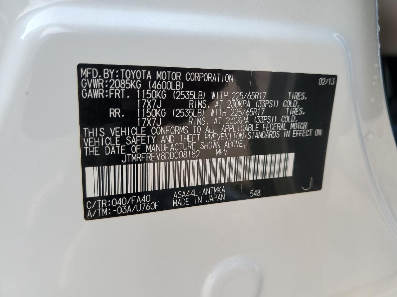 JTMRFREV8DD008182 2013 Toyota Rav4 Xle