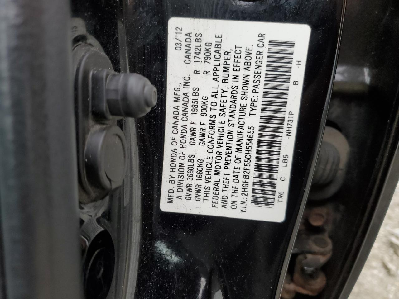 2012 Honda Civic Lx VIN: 2HGFB2F55CH554655 Lot: 71367334