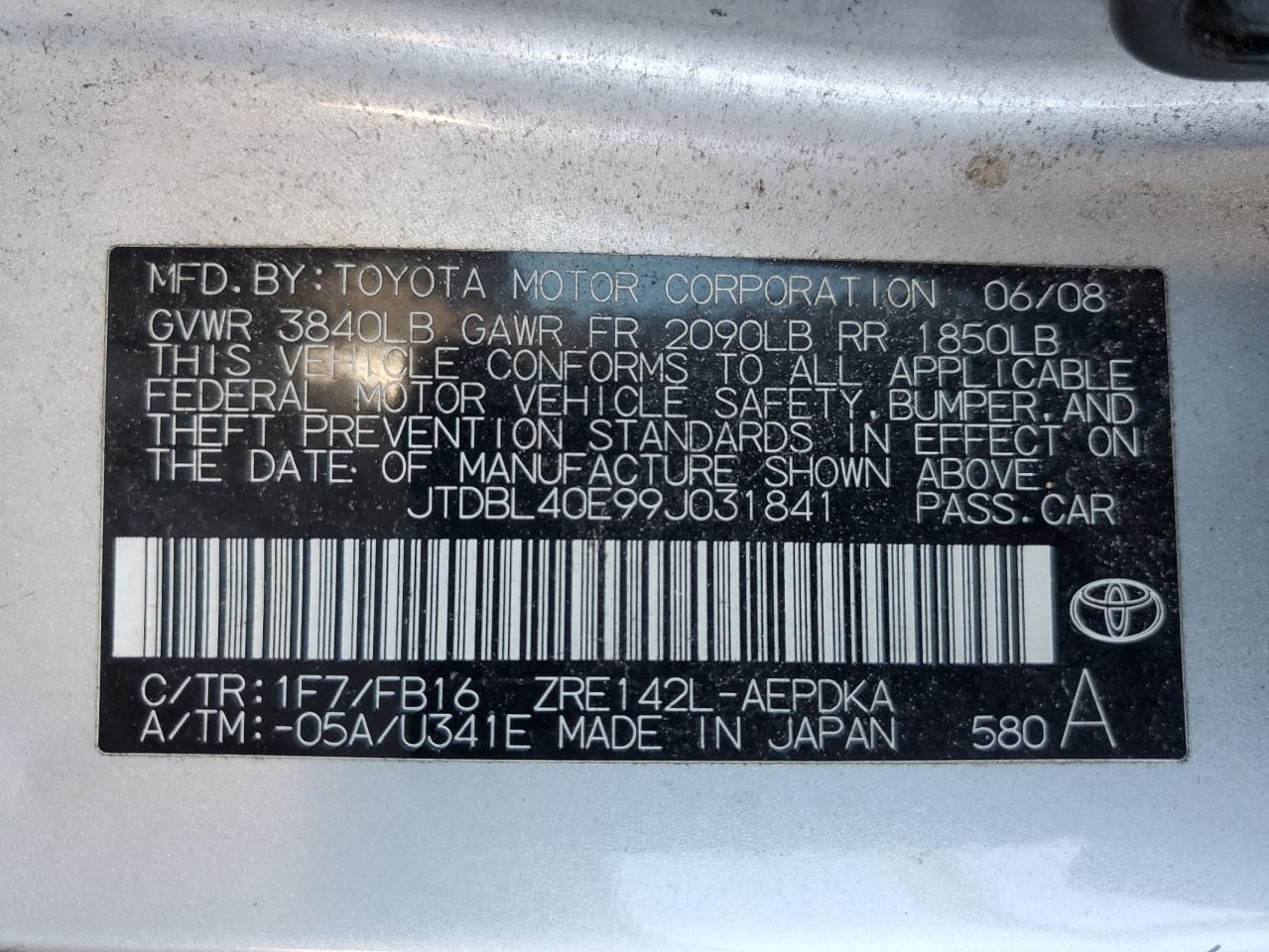 JTDBL40E99J031841 2009 Toyota Corolla Base