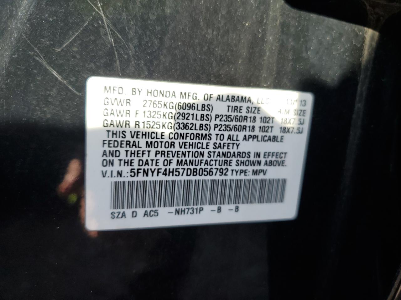 5FNYF4H57DB056792 2013 Honda Pilot Exl