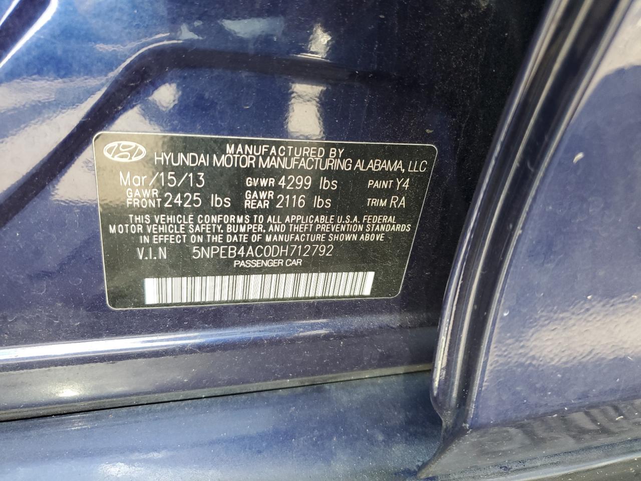 5NPEB4AC0DH712792 2013 Hyundai Sonata Gls