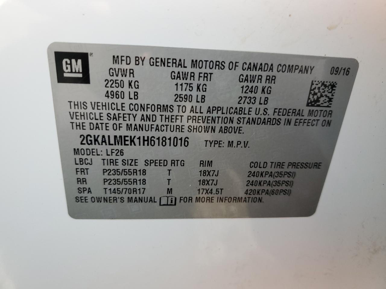 2017 GMC Terrain Sle VIN: 2GKALMEK1H6181016 Lot: 69943834