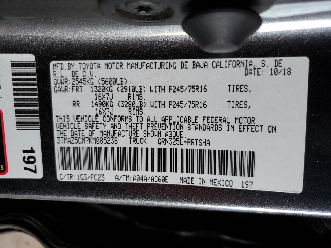 3TMAZ5CN7KM085238 2019 Toyota Tacoma Double Cab