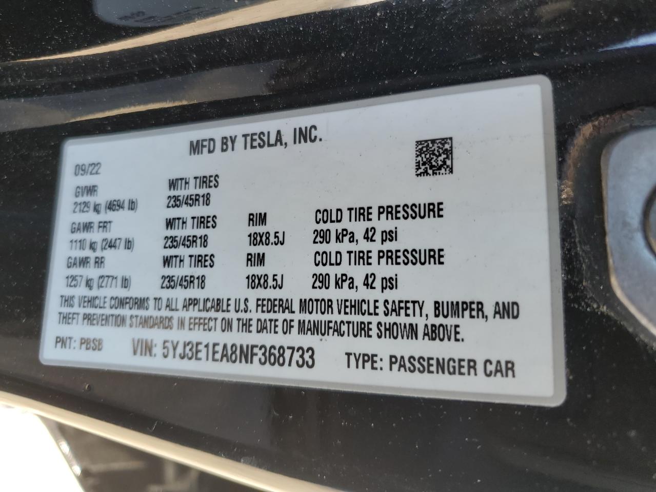 5YJ3E1EA8NF368733 2022 Tesla Model 3