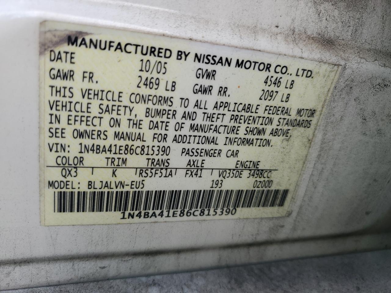 1N4BA41E86C815390 2006 Nissan Maxima Se