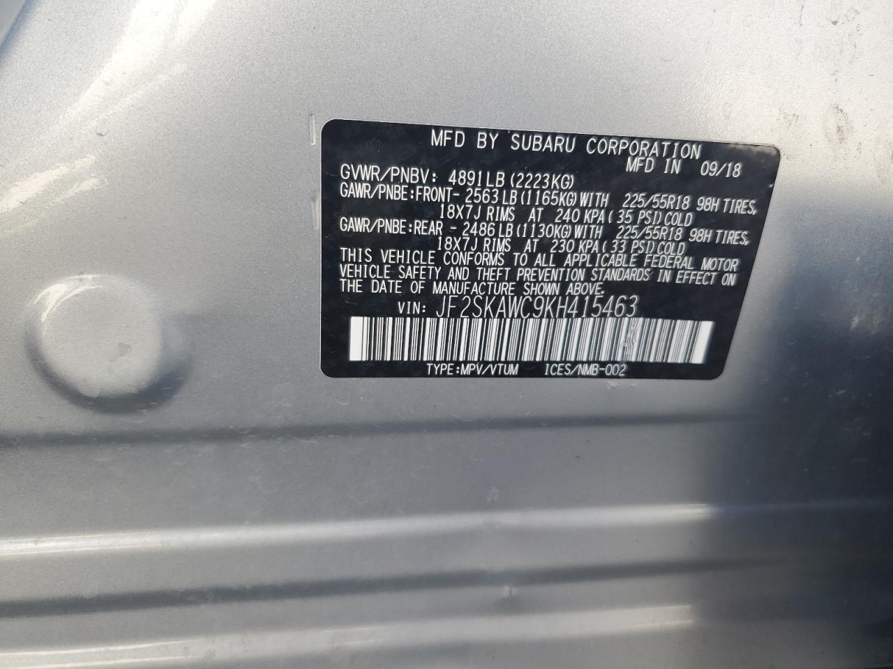 JF2SKAWC9KH415463 2019 Subaru Forester Touring