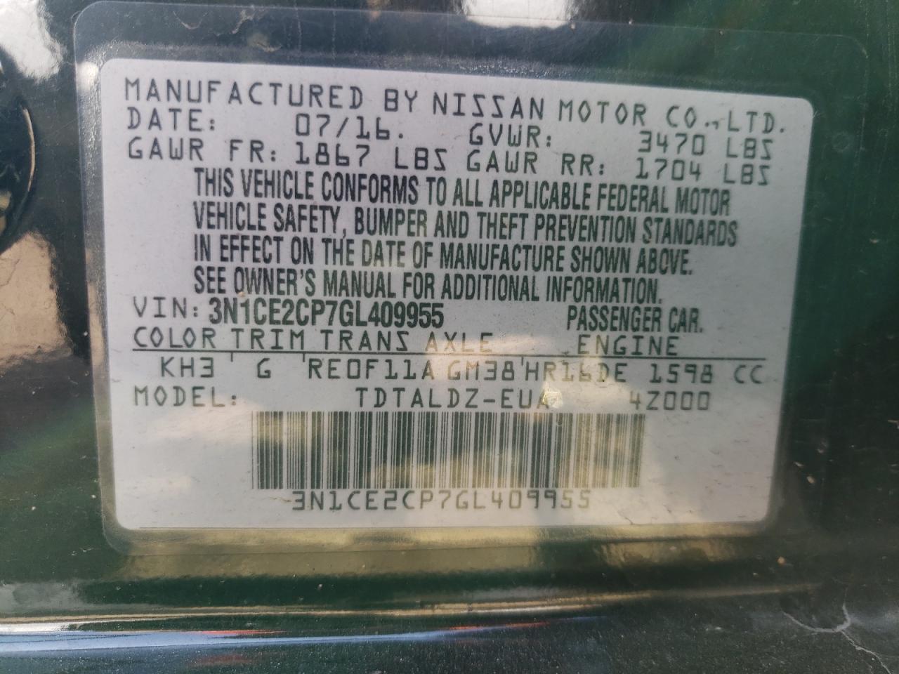 3N1CE2CP7GL409955 2016 Nissan Versa Note S