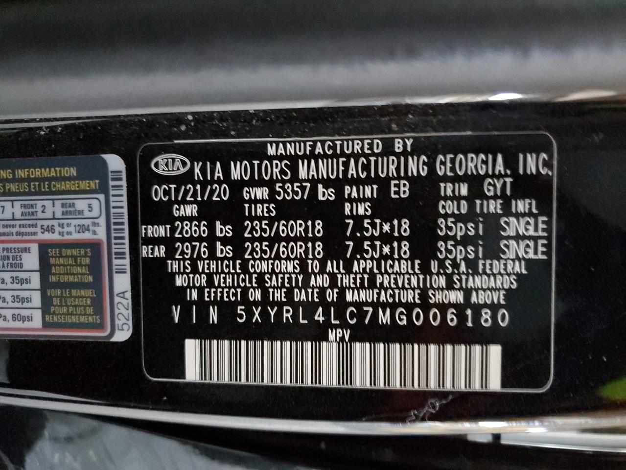 5XYRL4LC7MG006180 2021 Kia Sorento S