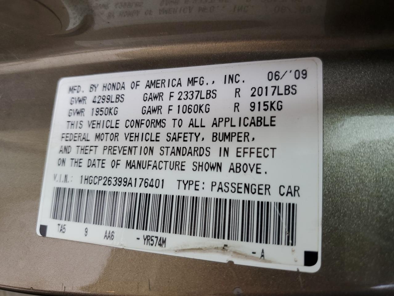 1HGCP26399A176401 2009 Honda Accord Lx