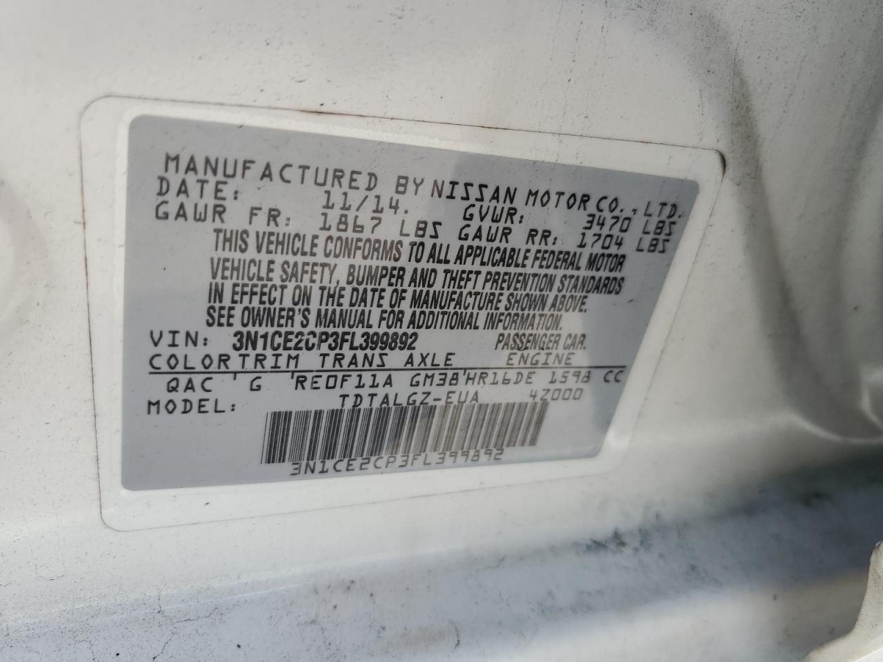 3N1CE2CP3FL399892 2015 Nissan Versa Note S