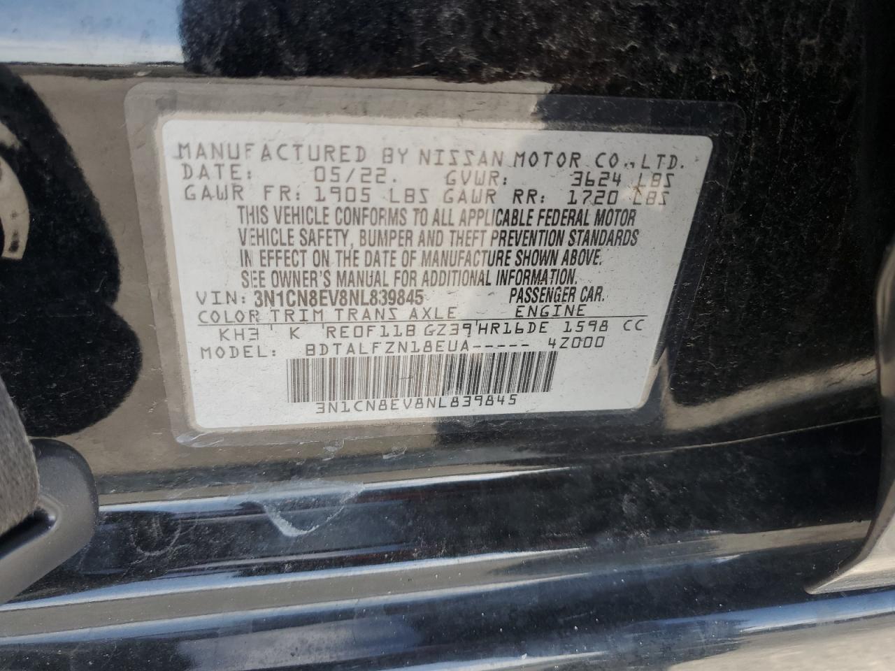 3N1CN8EV8NL839845 2022 Nissan Versa Sv