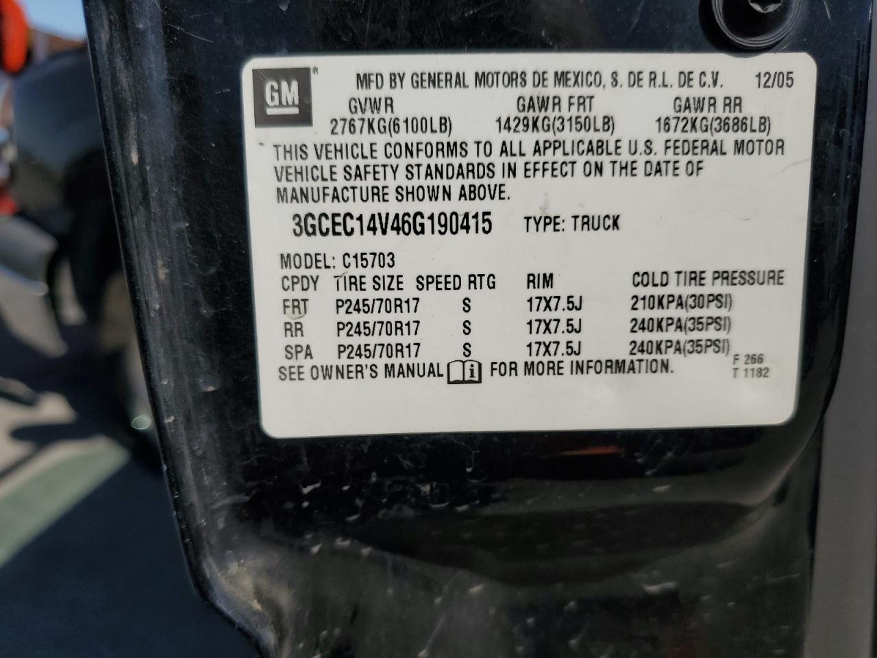 2006 Chevrolet Silverado C1500 VIN: 3GCEC14V46G190415 Lot: 73031914