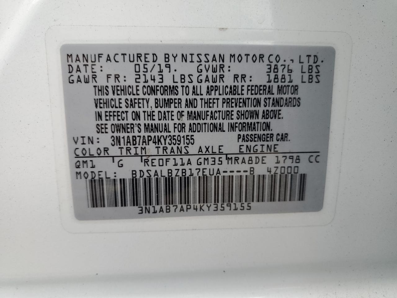 3N1AB7AP4KY359155 2019 Nissan Sentra S