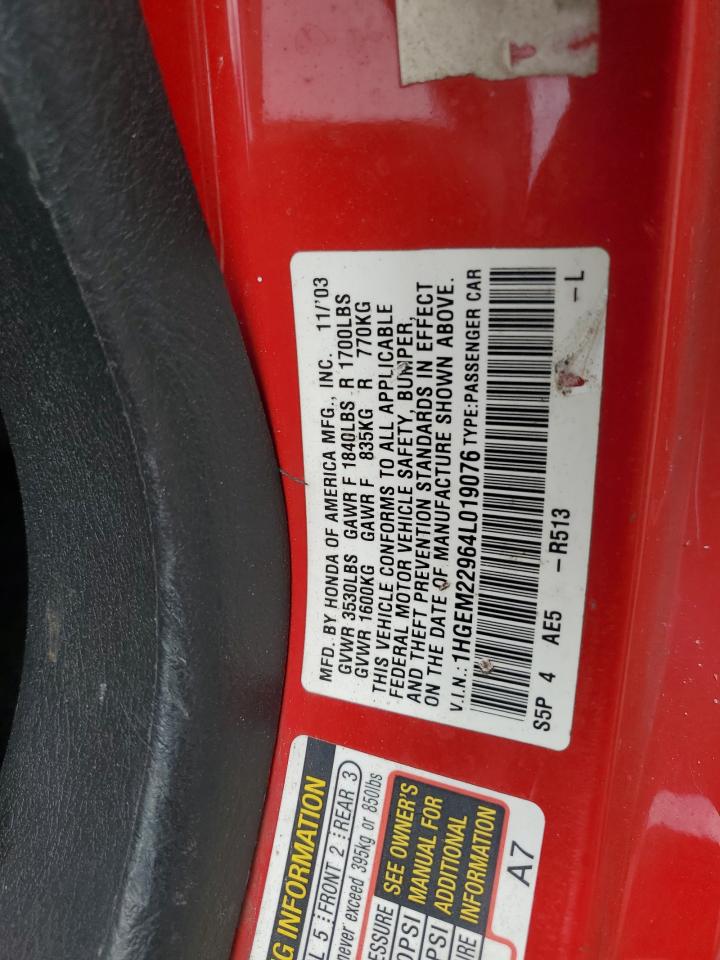 2004 Honda Civic Ex VIN: 1HGEM22964L019076 Lot: 73201574