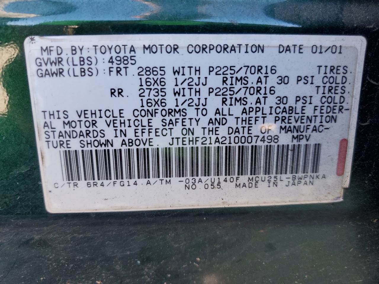 JTEHF21A210007498 2001 Toyota Highlander