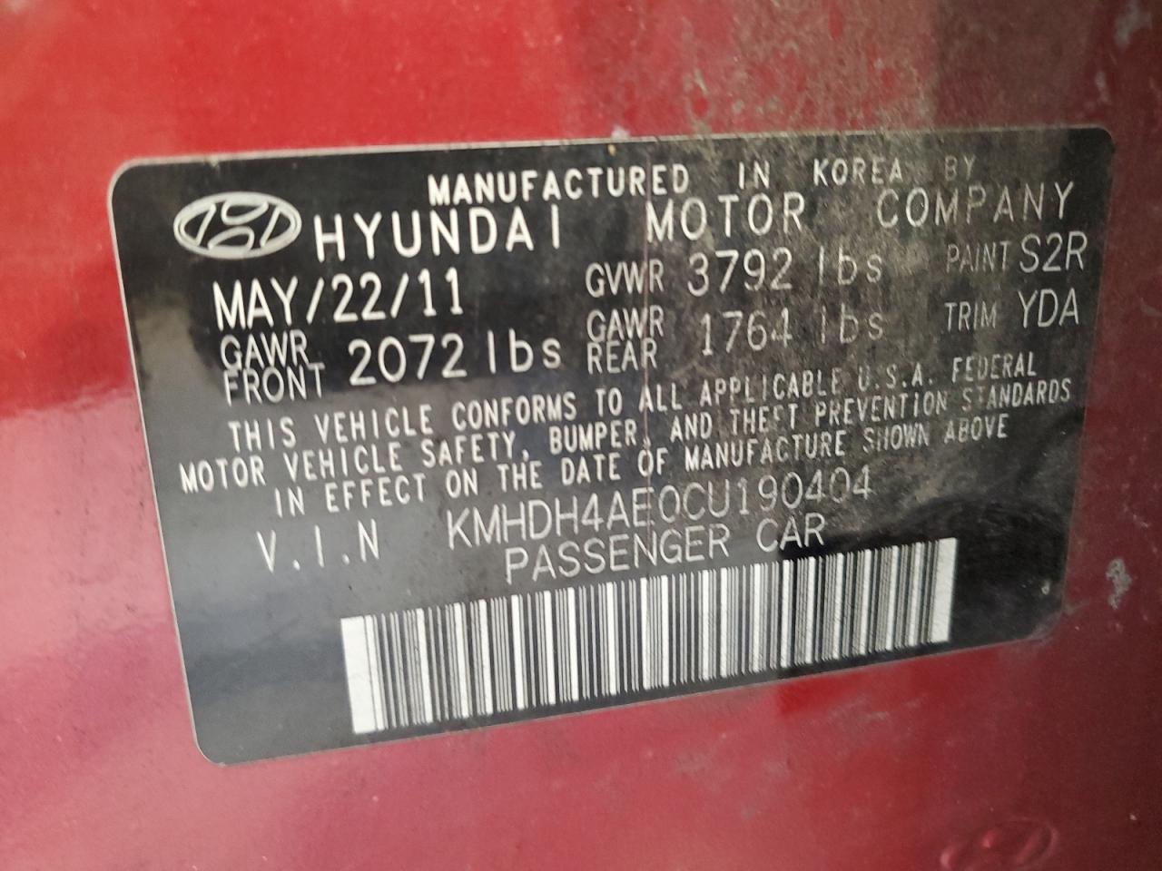 KMHDH4AE0CU190404 2012 Hyundai Elantra Gls