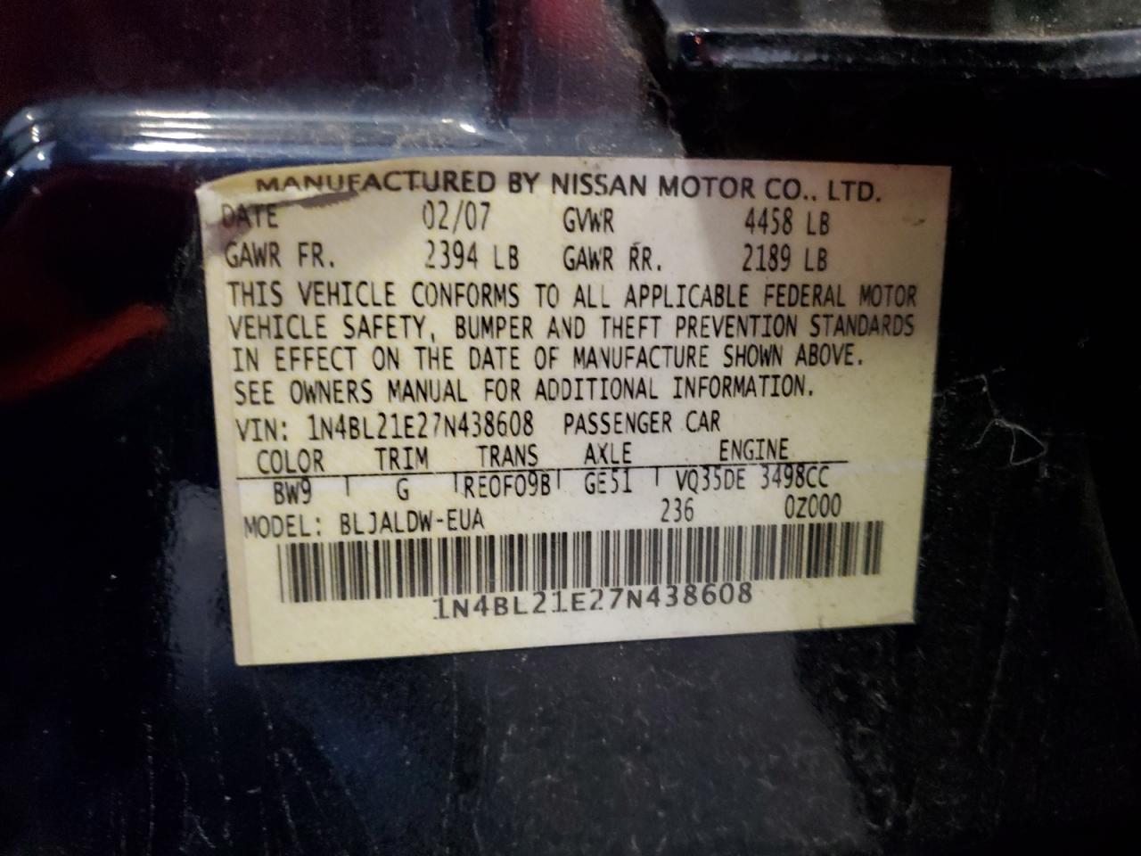 1N4BL21E27N438608 2007 Nissan Altima 3.5Se