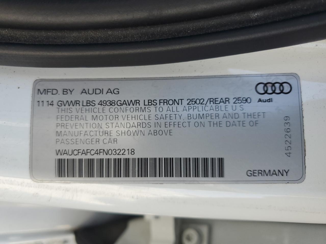 WAUCFAFC4FN032218 2015 Audi A6 Premium