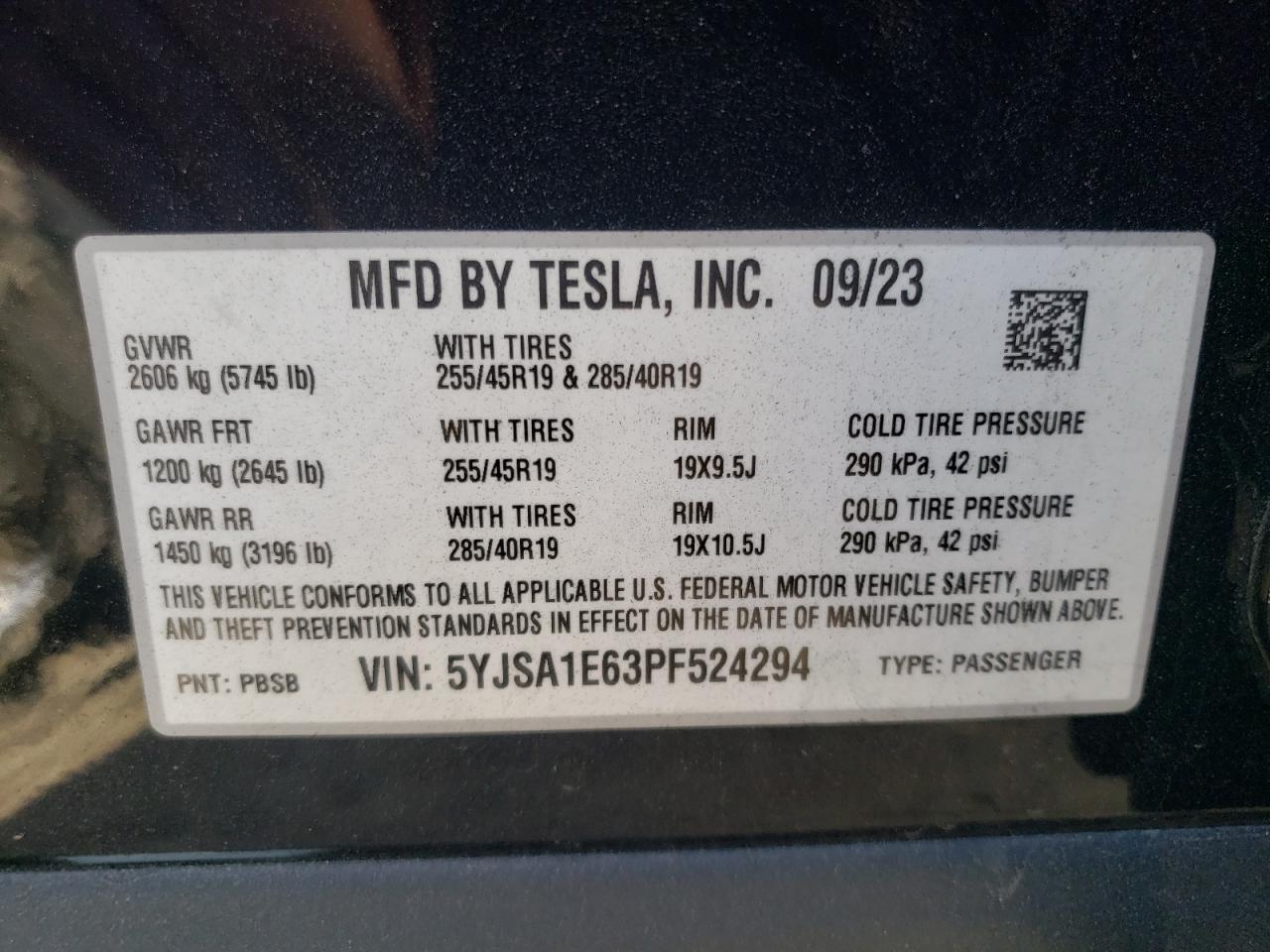 2023 Tesla Model S VIN: 5YJSA1E63PF524294 Lot: 70292844