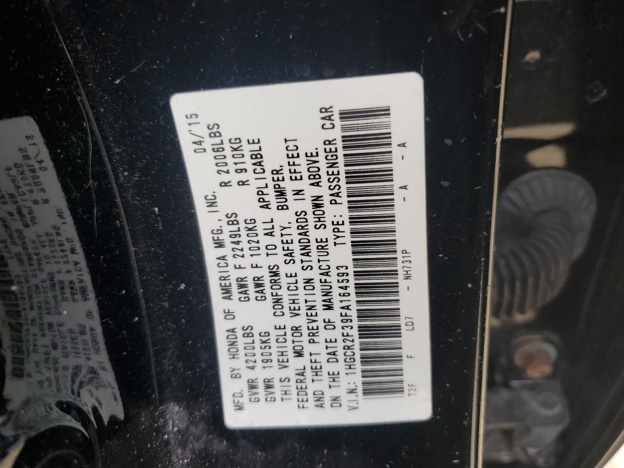 1HGCR2F39FA164593 2015 Honda Accord Lx