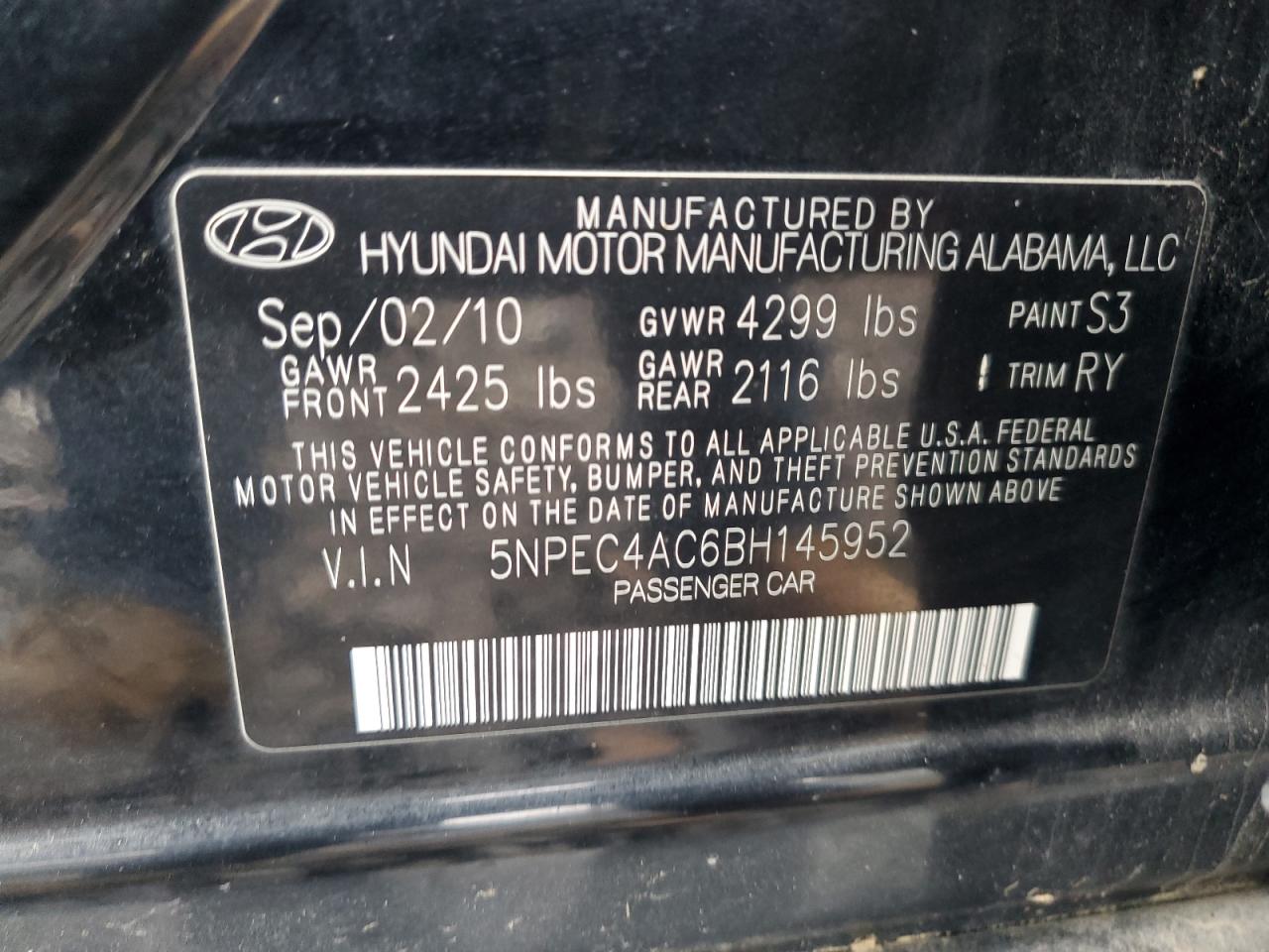 5NPEC4AC6BH145952 2011 Hyundai Sonata Se