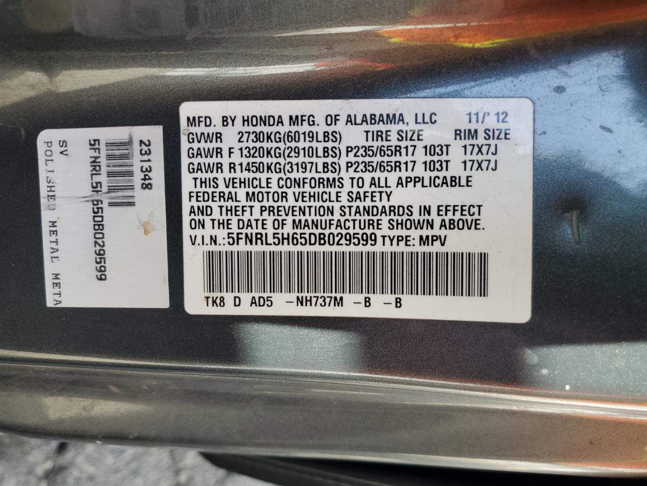 5FNRL5H65DB029599 2013 Honda Odyssey Exl