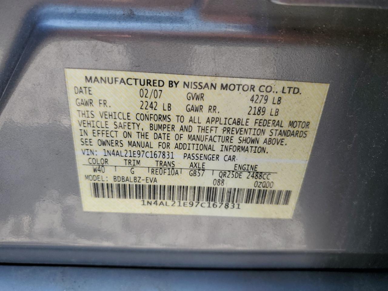 1N4AL21E97C167831 2007 Nissan Altima 2.5