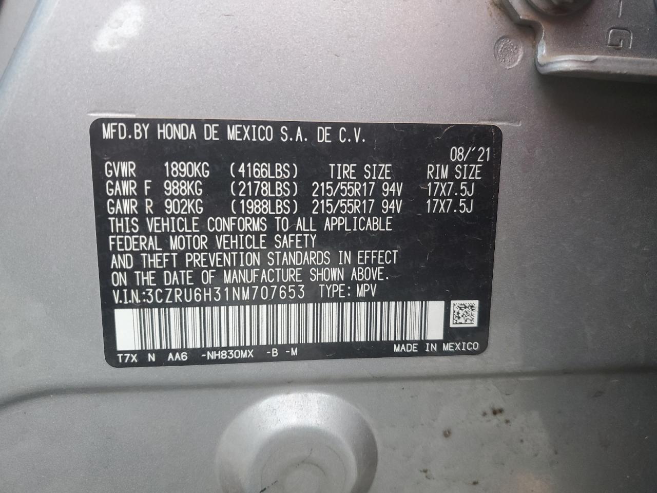 3CZRU6H31NM707653 2022 Honda Hr-V Lx