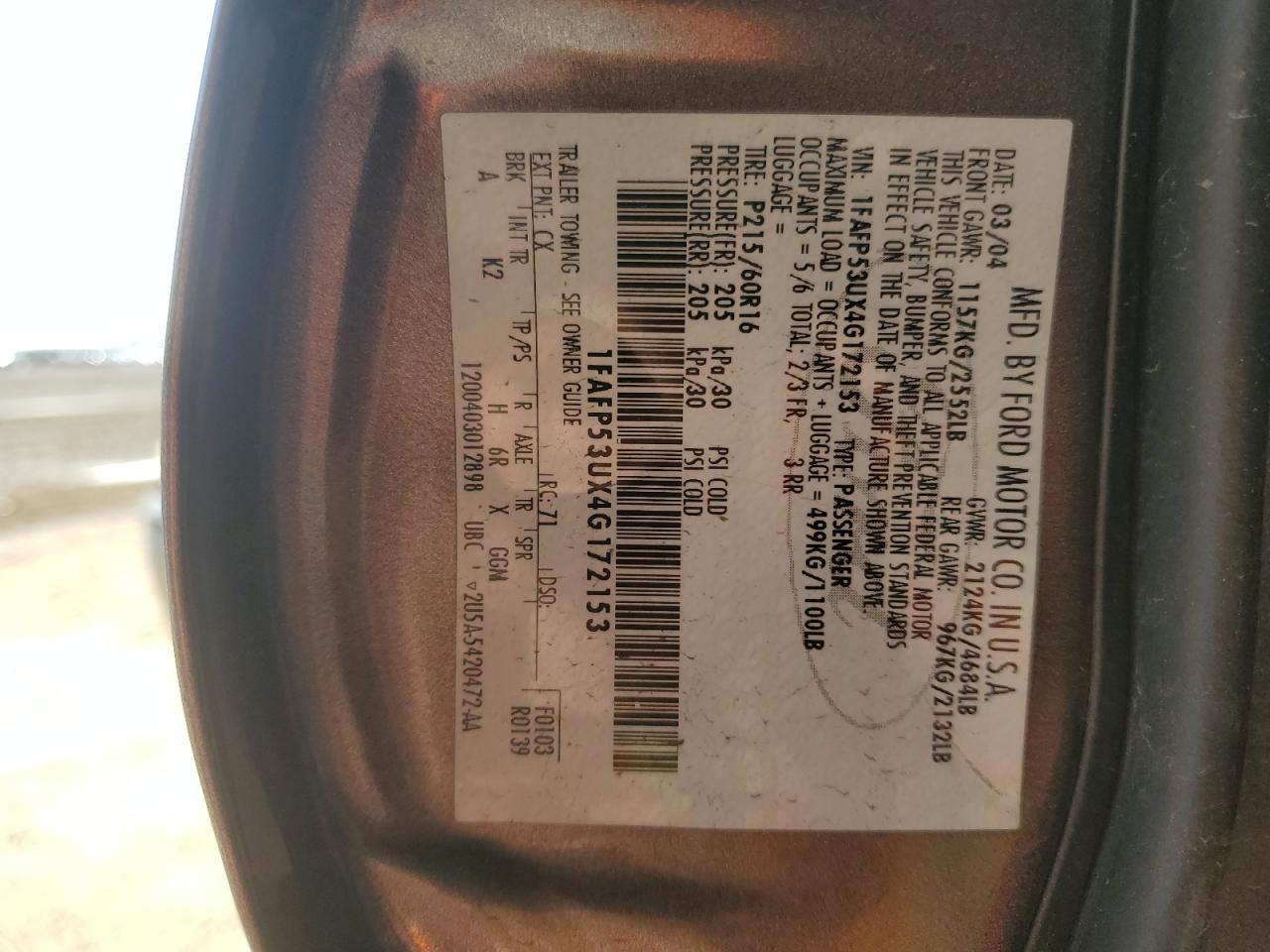 1FAFP53UX4G172153 2004 Ford Taurus Se