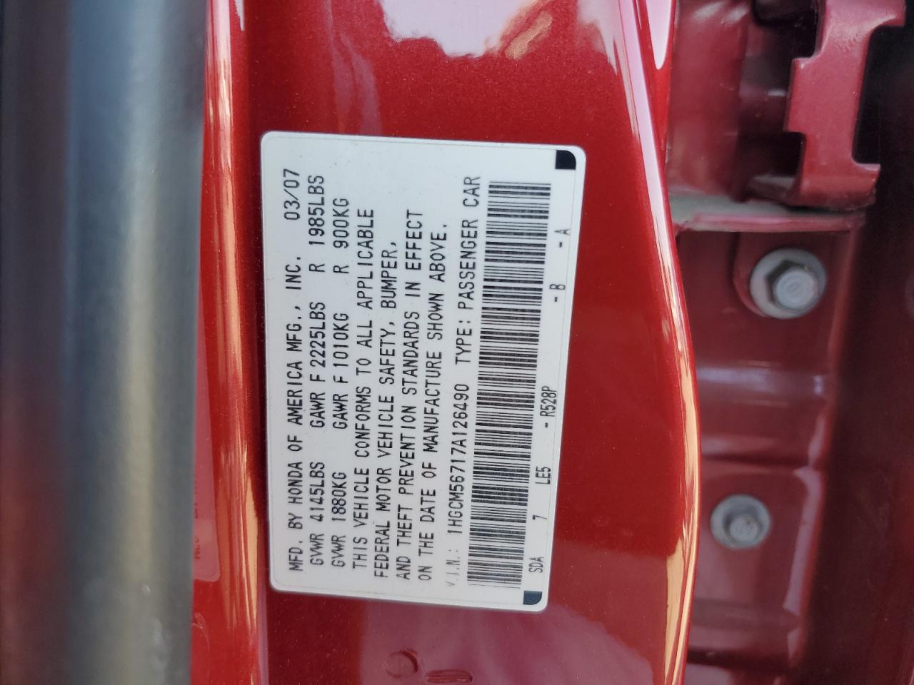 1HGCM56717A126490 2007 Honda Accord Ex