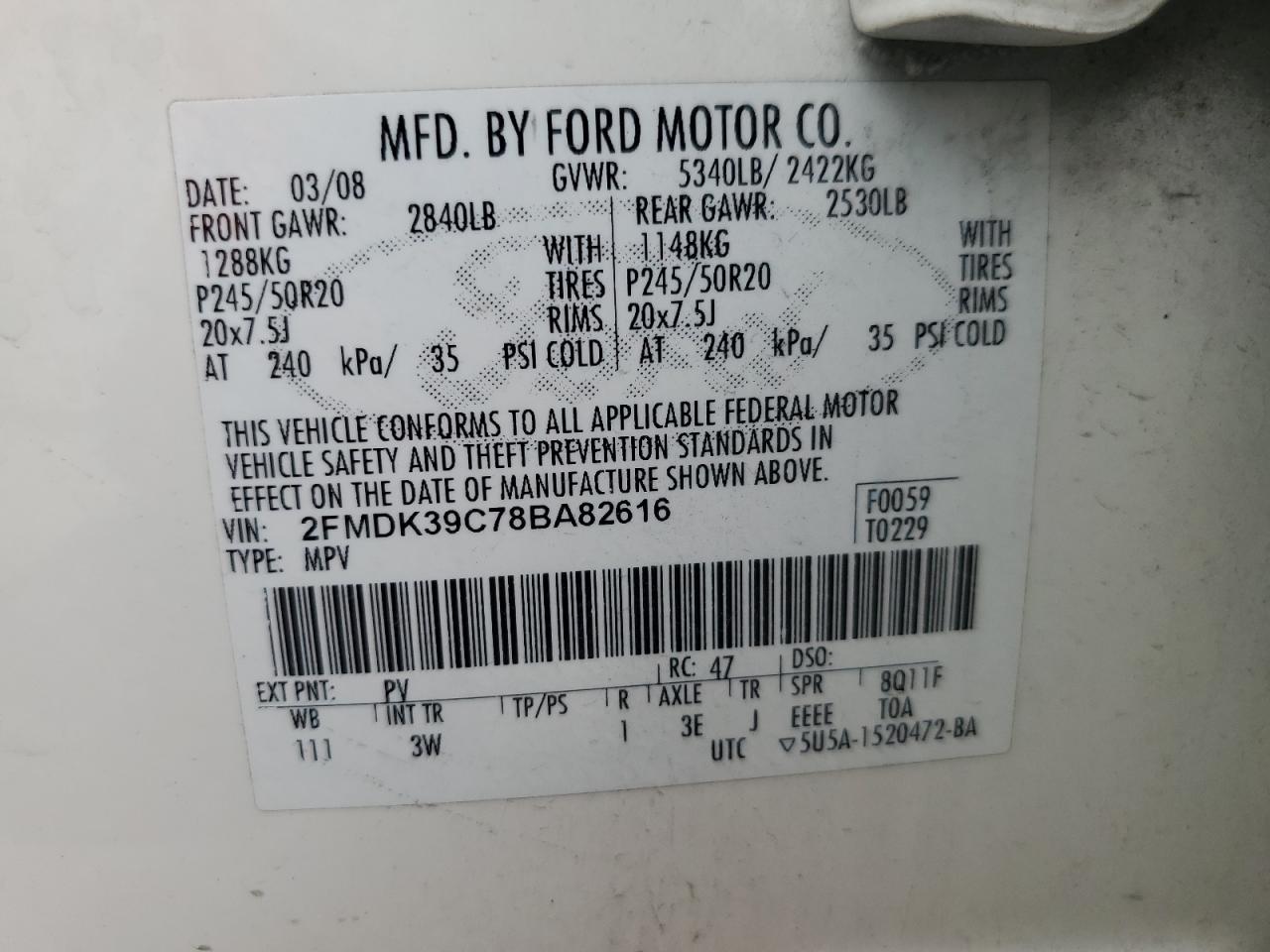 2008 Ford Edge Limited VIN: 2FMDK39C78BA82616 Lot: 70508544