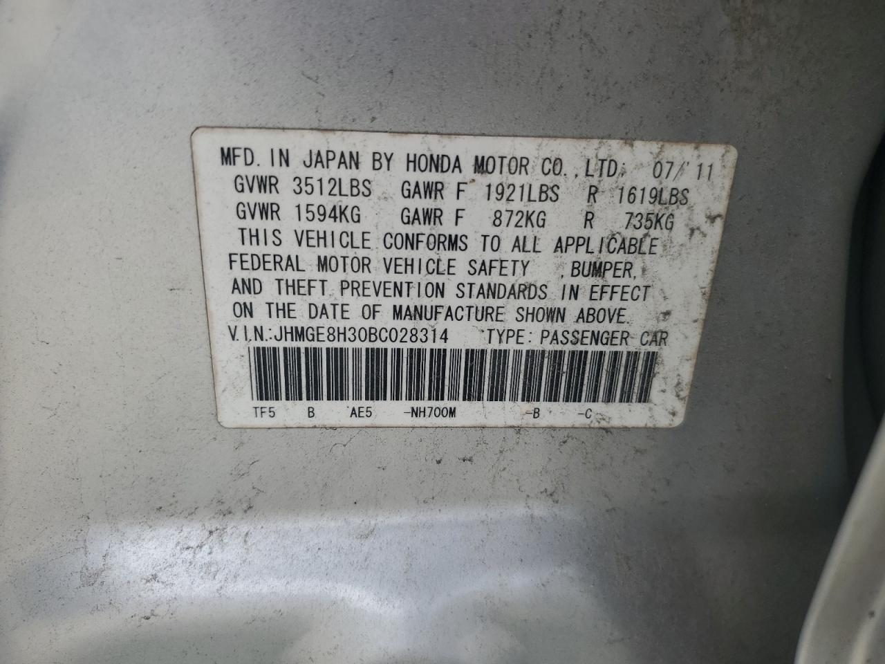 JHMGE8H30BC028314 2011 Honda Fit