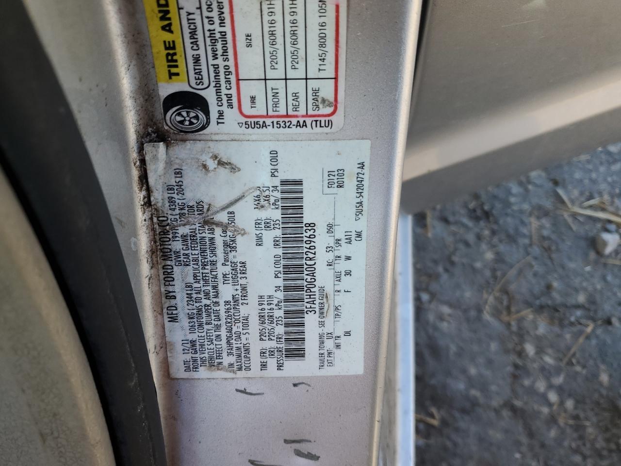 3FAHP0GA0CR269638 2012 Ford Fusion S