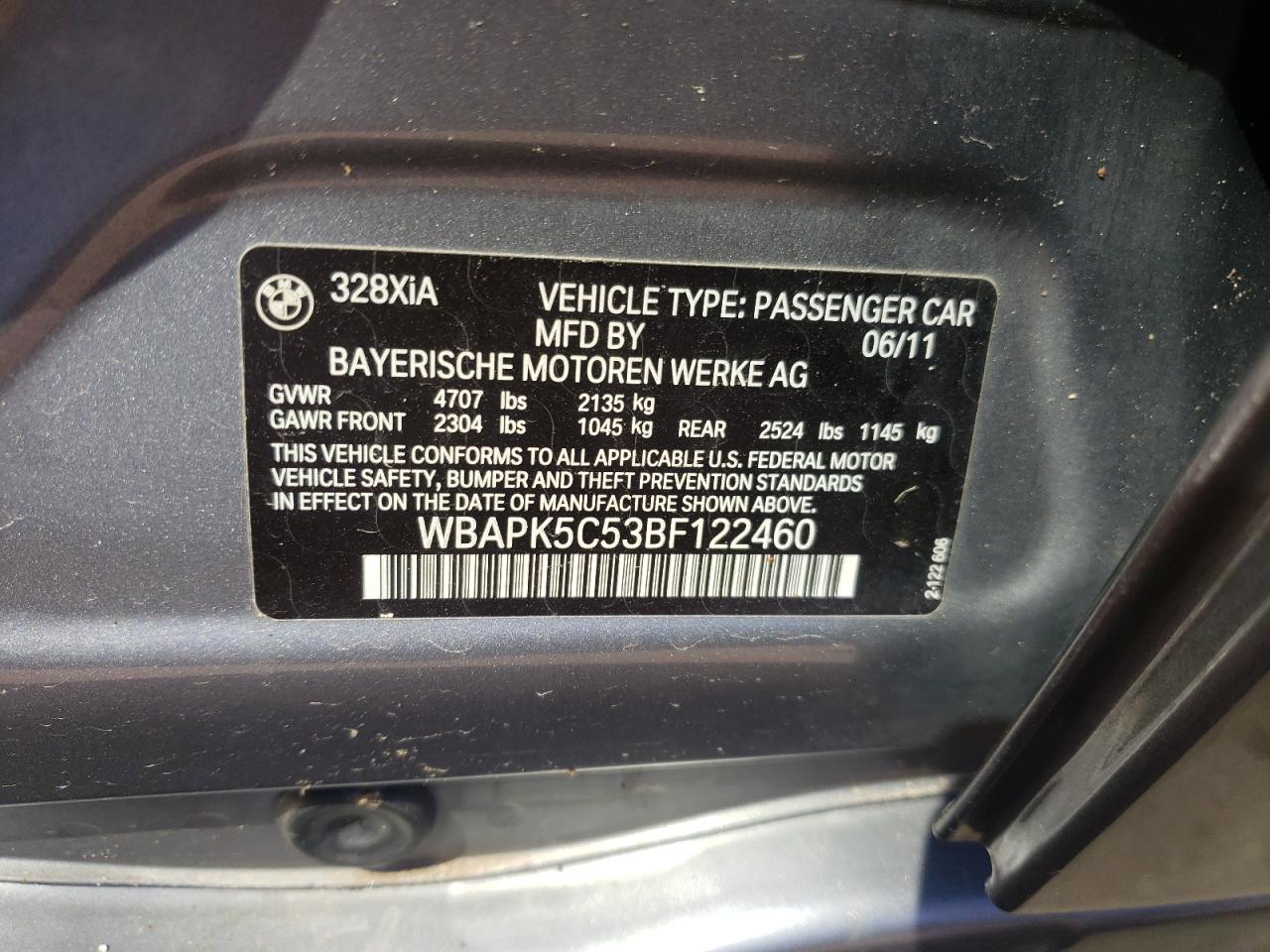 2011 BMW 328 Xi Sulev VIN: WBAPK5C53BF122460 Lot: 69800094