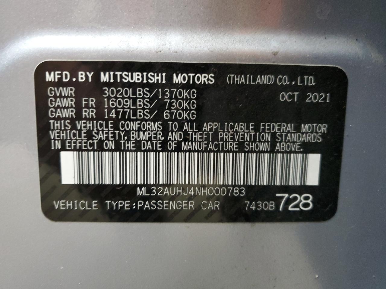 2022 Mitsubishi Mirage Es VIN: ML32AUHJ4NH000783 Lot: 73480914