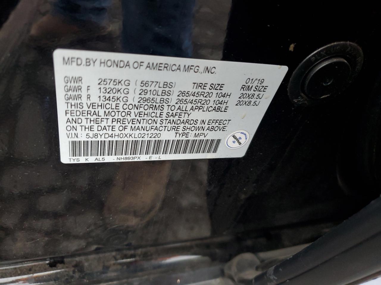 5J8YD4H0XKL021220 2019 Acura Mdx A-Spec