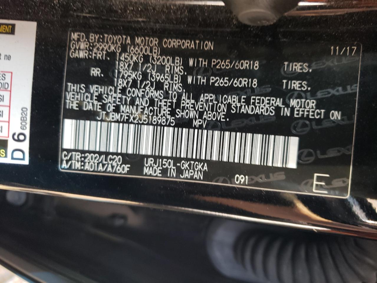 JTJBM7FX2J5189875 2018 Lexus Gx 460