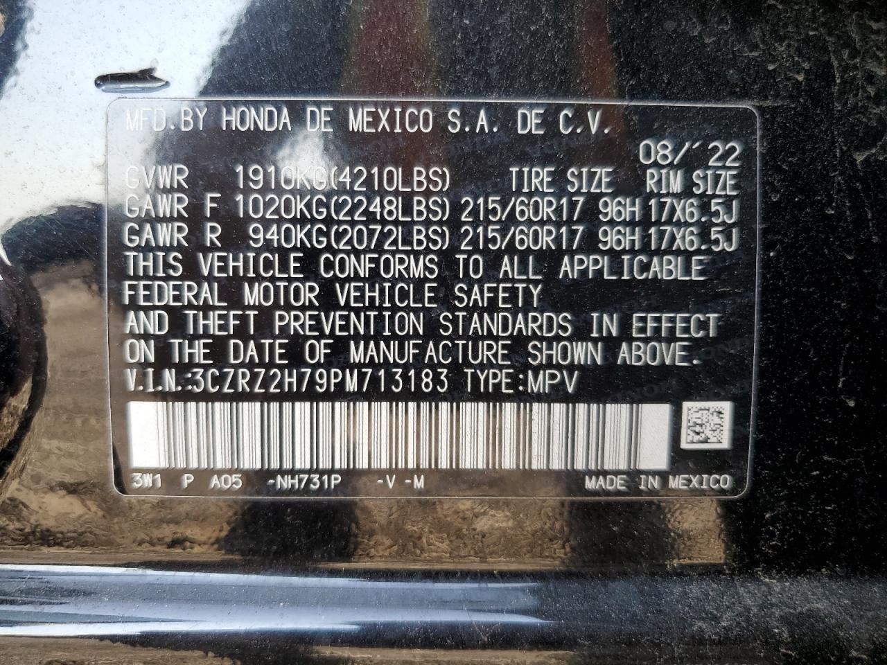 3CZRZ2H79PM713183 2023 Honda Hr-V Exl