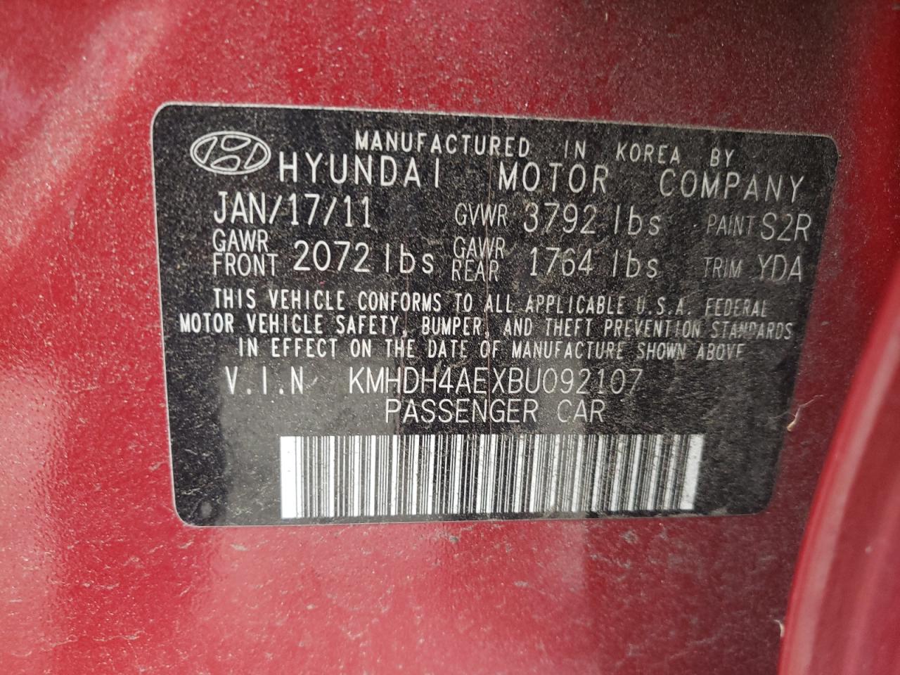 KMHDH4AEXBU092107 2011 Hyundai Elantra Gls