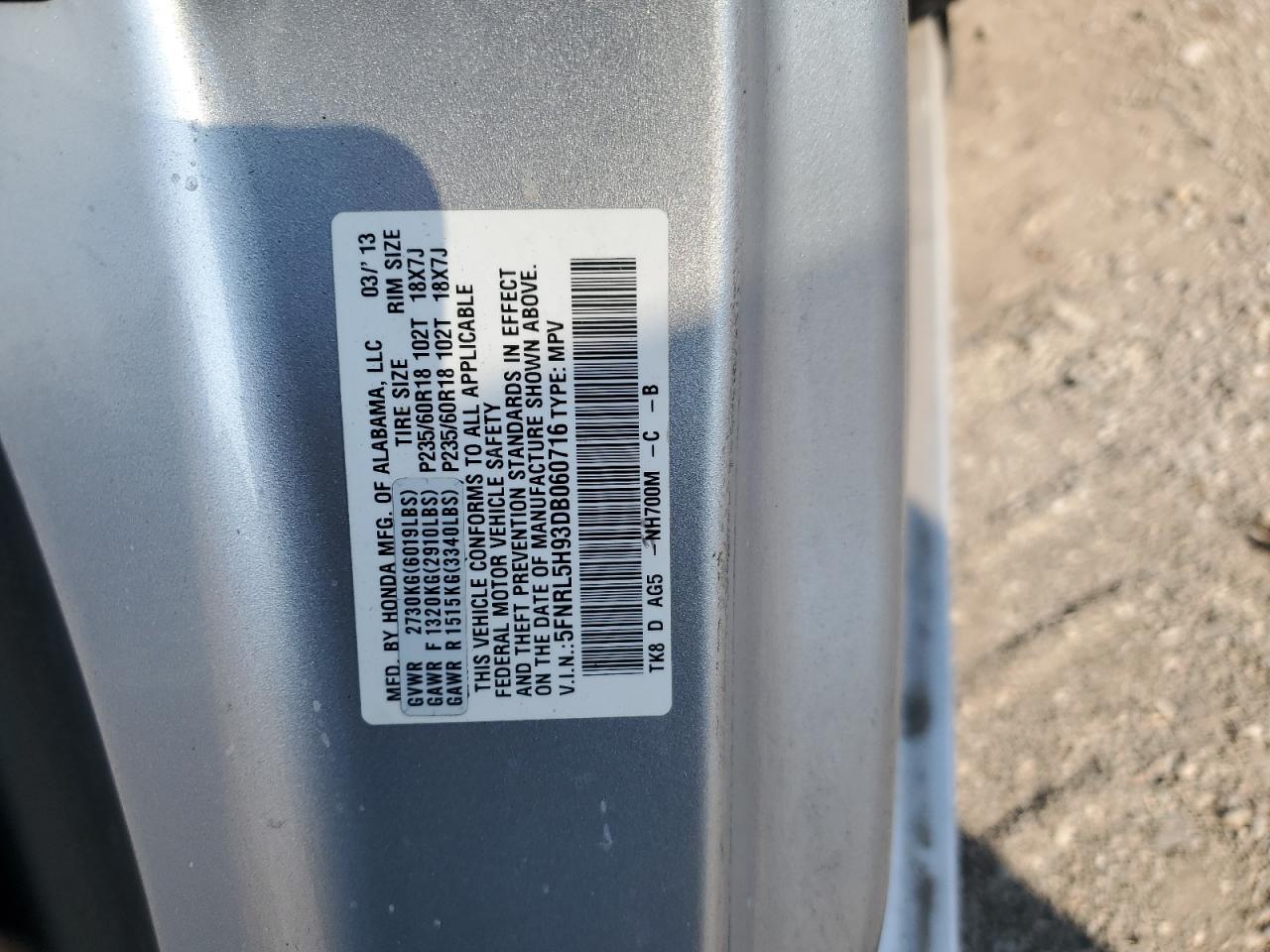 5FNRL5H93DB060716 2013 Honda Odyssey Touring