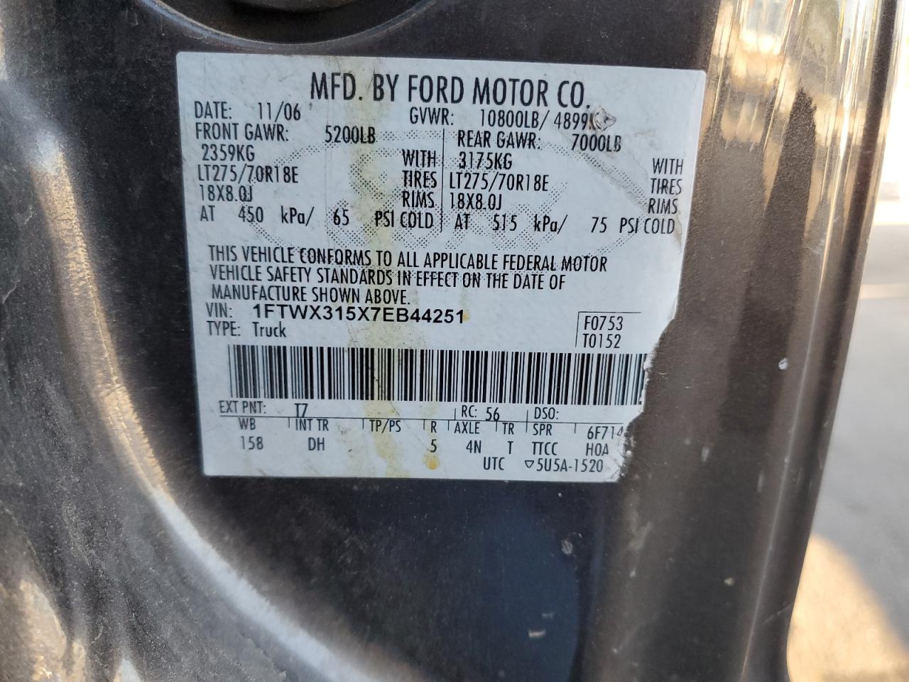 2007 Ford F350 Srw Super Duty VIN: 1FTWX315X7EB44251 Lot: 70047044