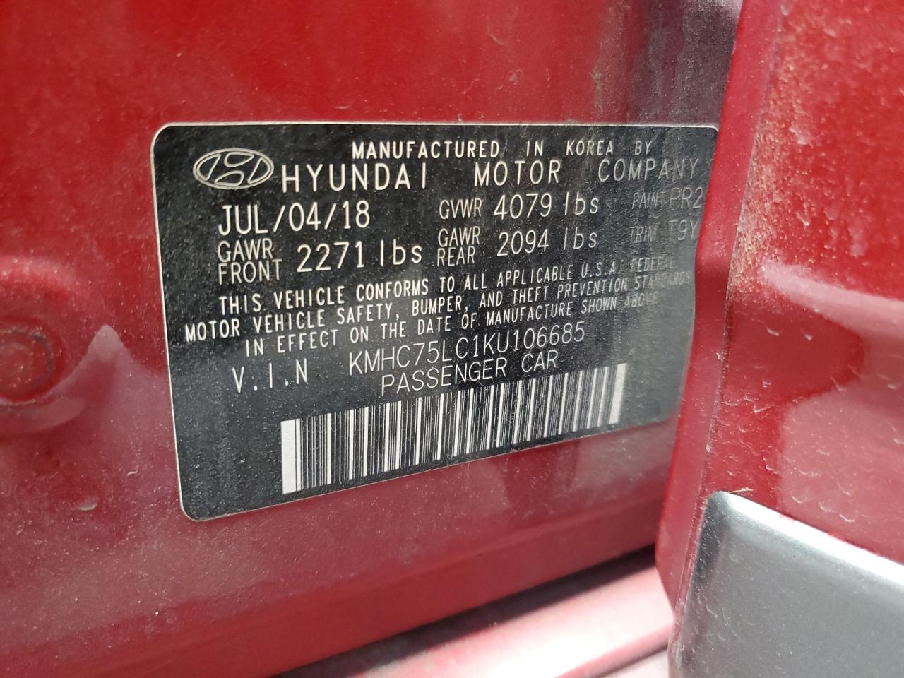 KMHC75LC1KU106685 2019 Hyundai Ioniq Sel