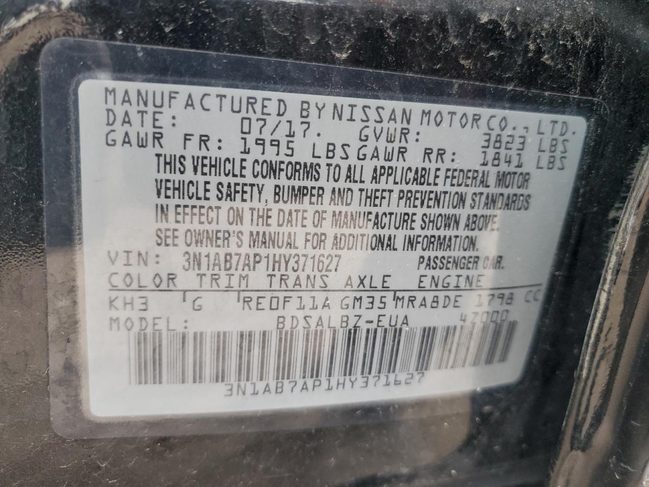 3N1AB7AP1HY371627 2017 Nissan Sentra S