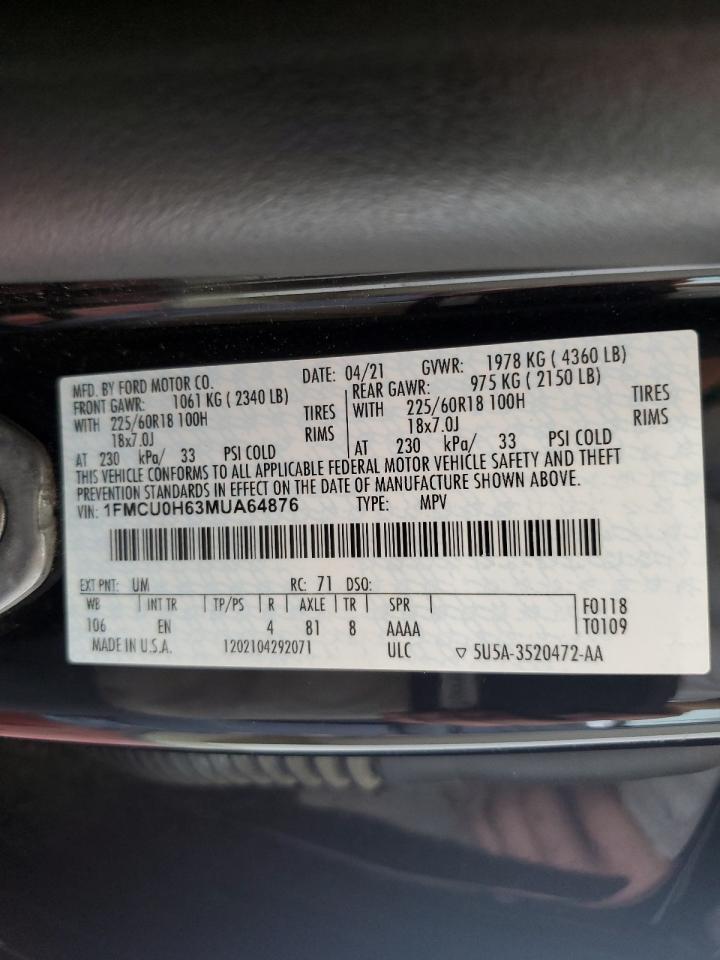 2021 Ford Escape Sel VIN: 1FMCU0H63MUA64876 Lot: 71215874